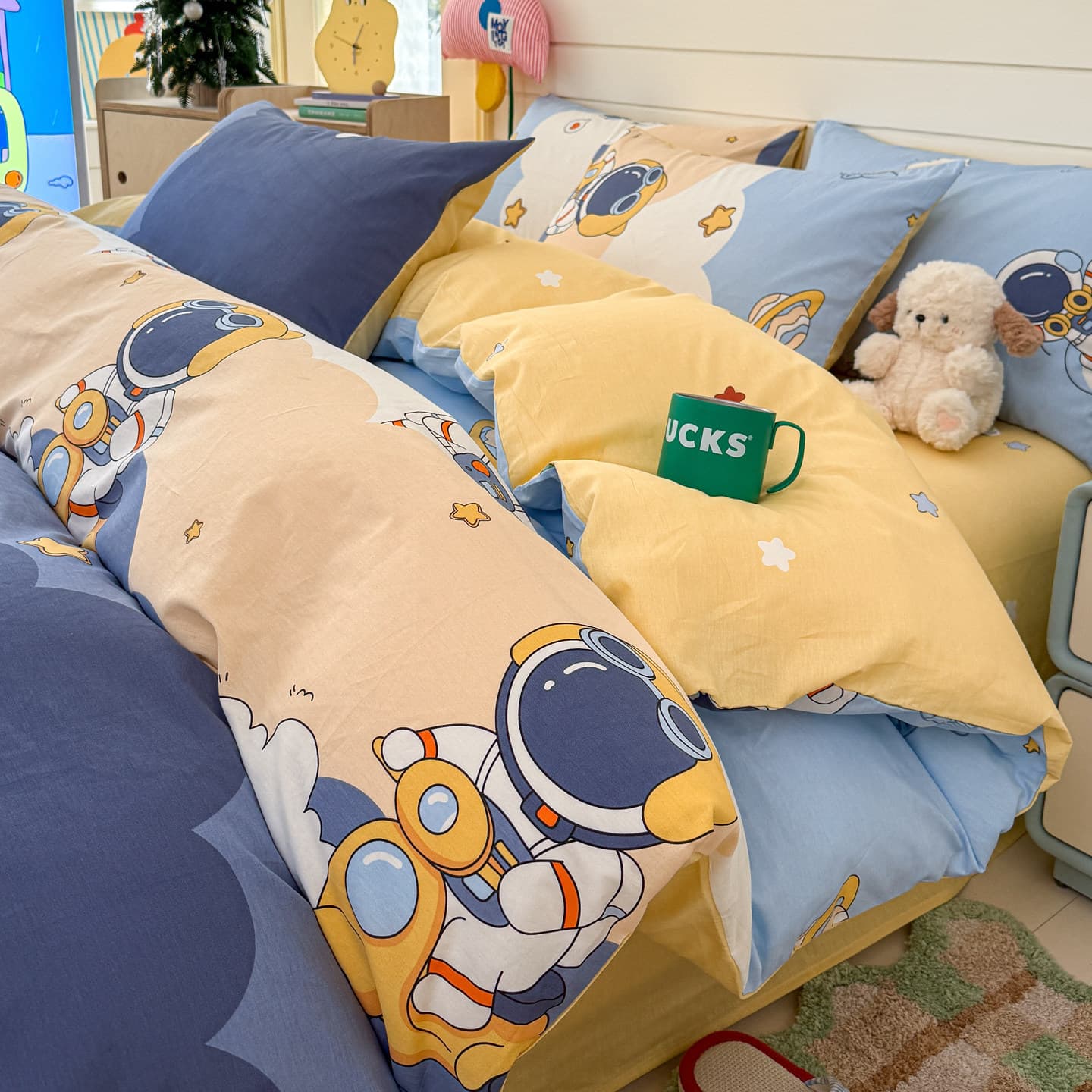 Children Astronaut Cartoon Pure Cotton Bedding Set, Full Cotton Boy Duvet Cover, Dormitory Sheet and Fitted Sheet Three-Piece Set