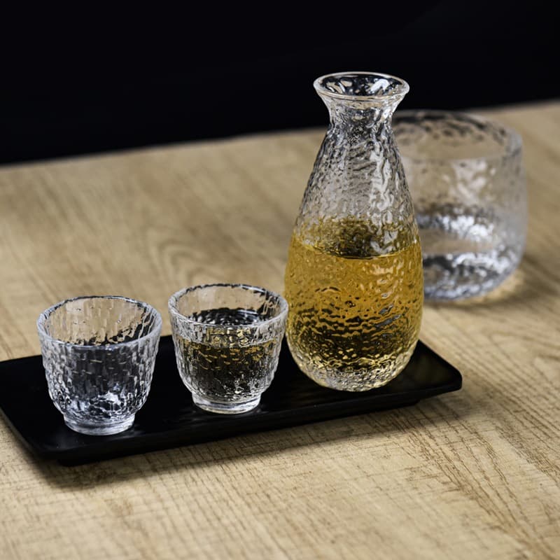 New glass warmers set for plum wine and sake, hammered texture for home use.