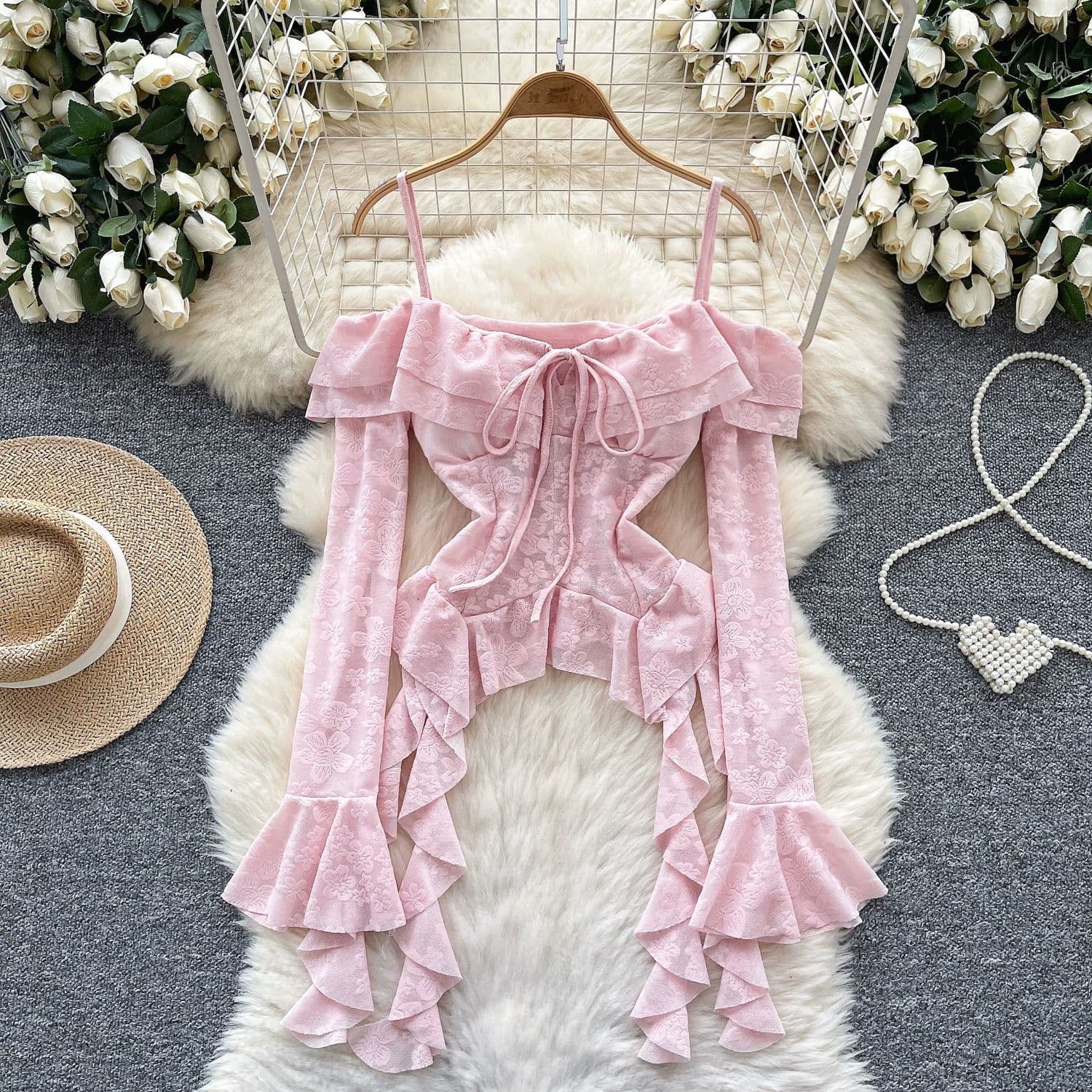 Design sense niche scheming suspender ruffled irregular shirt women's new pure desire versatile chic ribbon top