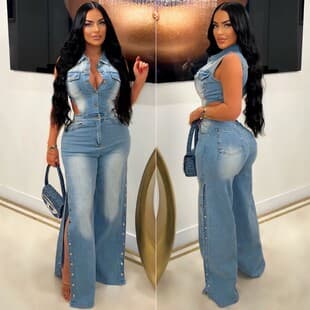Cross-Border Women's Slim Fit Stretch Washed Denim Jumpsuit Straight Leg Loose Cotton Jumpsuit