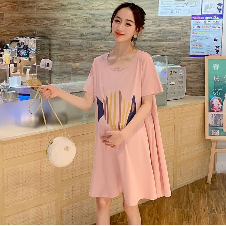 Maternity Dress Spring Summer Mid-Length Maternity Wear Summer Set Top Short Sleeve Thin Loose Fit Maternity Dress