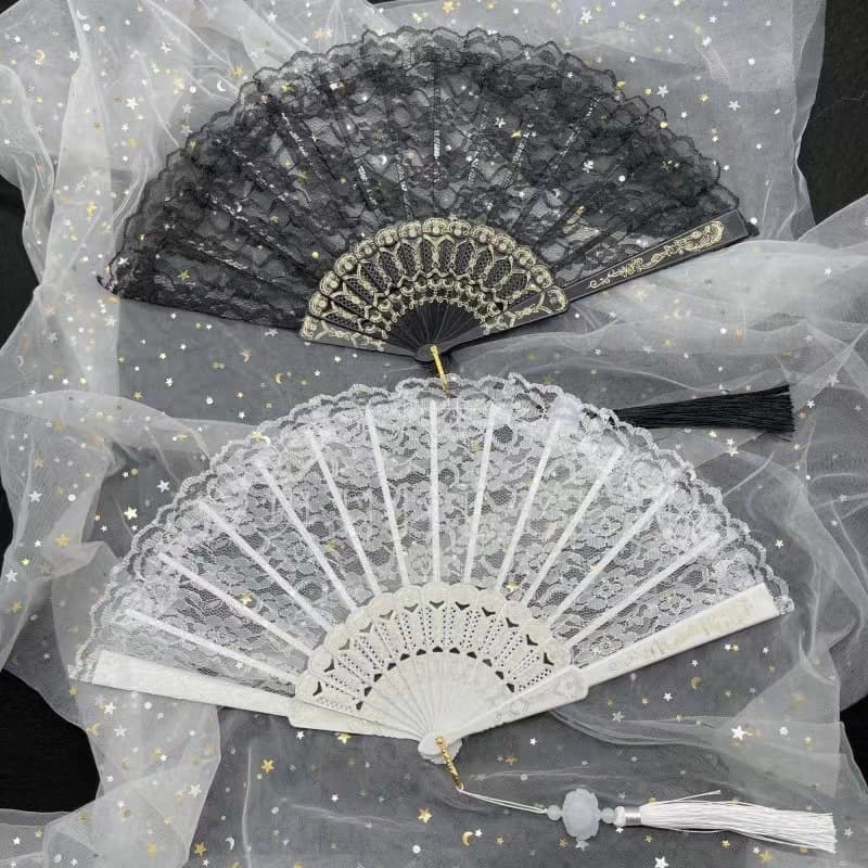 Classic Lolita Lace Fan Cheongsam Show Photo Folding Fan Dark System Lace Home Daily Use