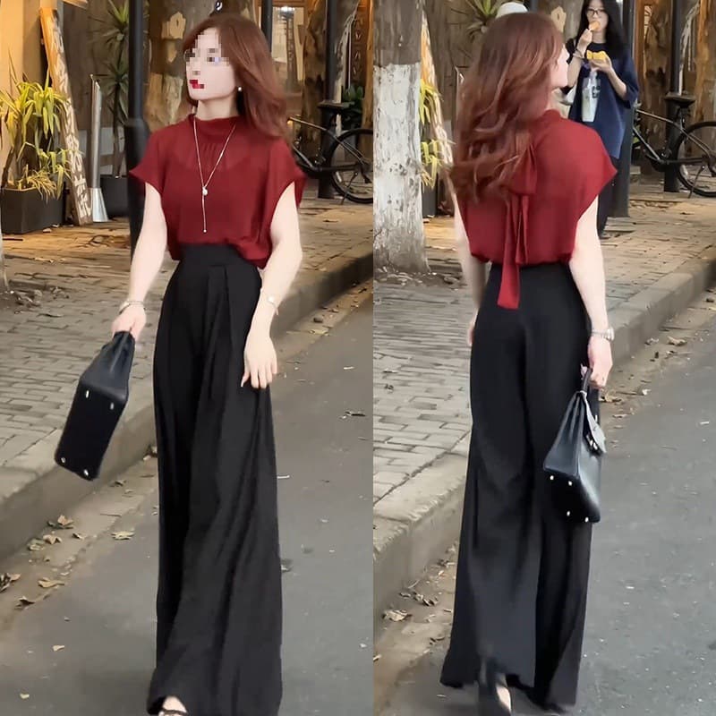 Fashion Wide-Leg Pants Set Women 2026 Summer New Design Sense Chiffon Top Goddess Style Two-Piece Set