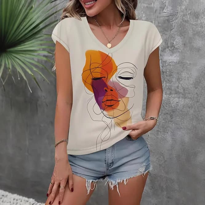 Summer 2025 New Women's Casual Vintage Print V-Neck Slim Sleeve Top for Cross-Border EU & US Markets