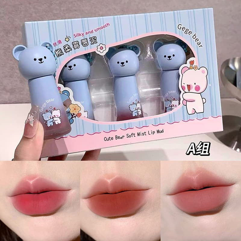Gege Bear Cute Bear Soft Matte Lip Mud, Matte Finish, Highly Pigmented, Non-Drying, Waterproof, Long-Lasting Lipstick Lip Gloss