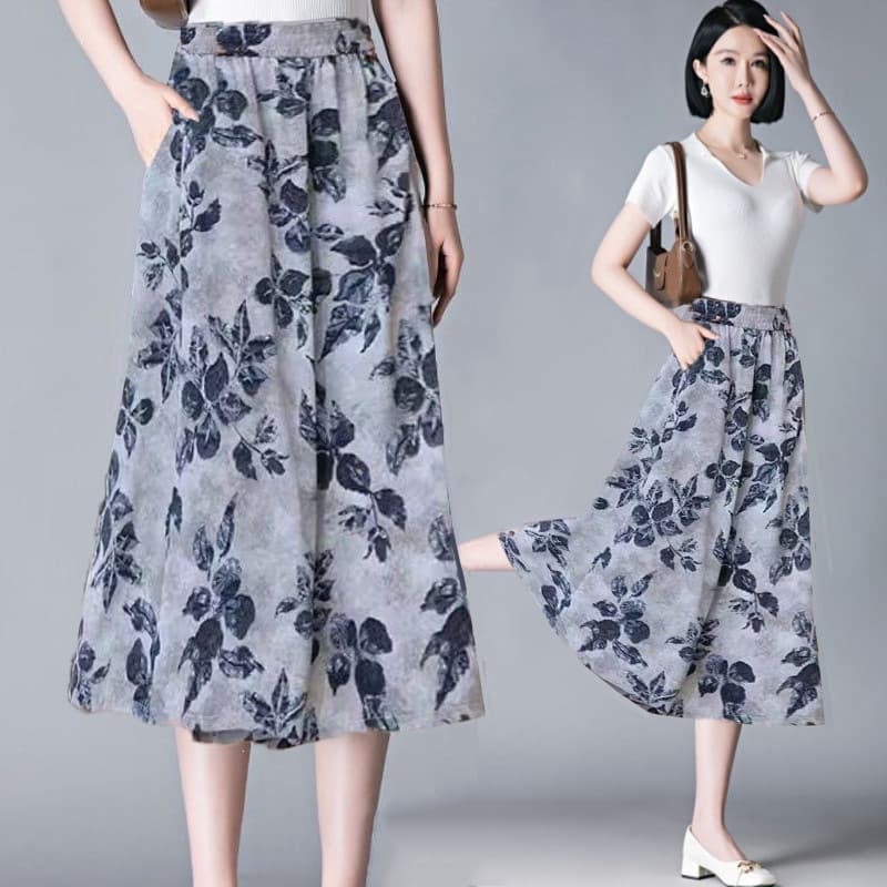Draped 2026 New Spring Summer Women's Casual Slimming Chinese Style Ink Wash Print Wide Leg Pants Cropped Skirt Pants Wholesale