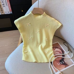 Korean Chic Sweet Soft Bow High-End Mock Neck Slimming Age-Defying Knit Sleeveless Top for Women