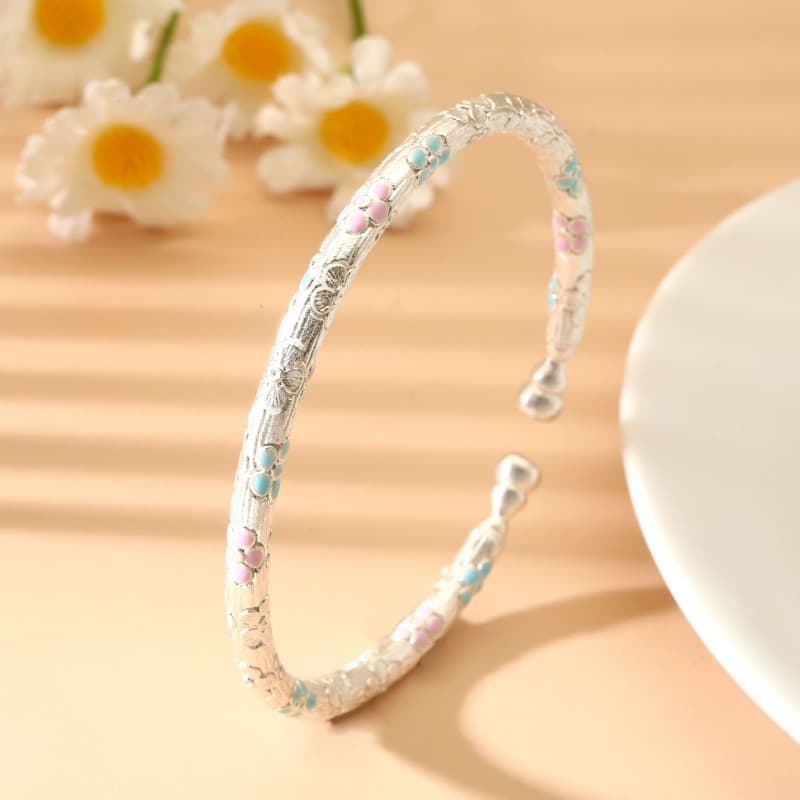 8140 Sterling Silver 999.9 Antique Enamel Pink Blue Cherry Blossom Gourd Bangle, Chinese Style Sterling Silver Bangle