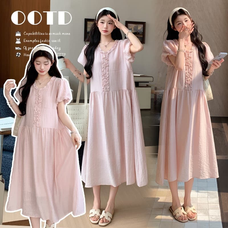 Real shot of French pink short-sleeved pregnant mother dress 2026 summer gentle and sweet age-reducing holiday style fairy long dress
