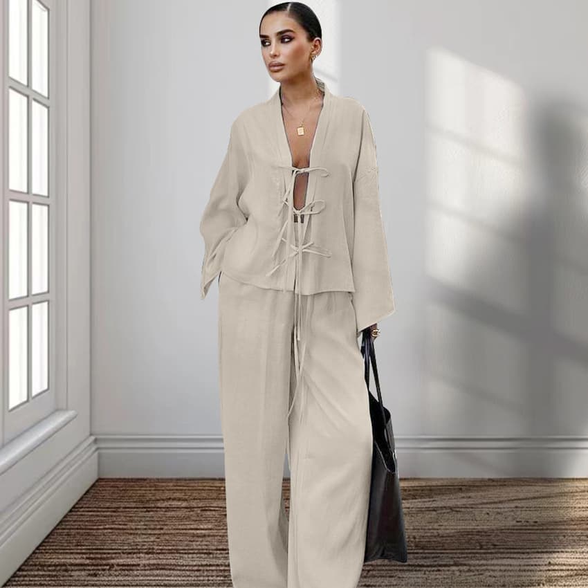 New Autumn Lace-Up Cardigan Long Sleeve Long Pants Women's Pajama Set 2025 Spring European and American Homewear Set
