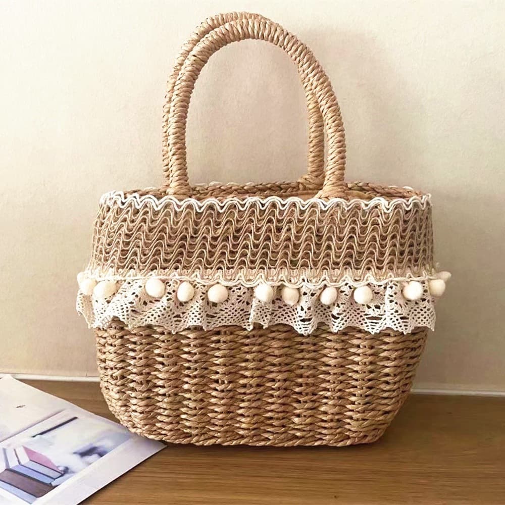 Straw Woven Handbag Casual Woven Bag for Women Rattan Bag Beach Vacation Photo Sand Bag Rustic Basket Bag