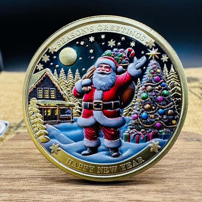 Cross-border Christmas commemorative medal customization, gold/silver plated painted colored dual-tone commemorative coins, high-relief metal medals.