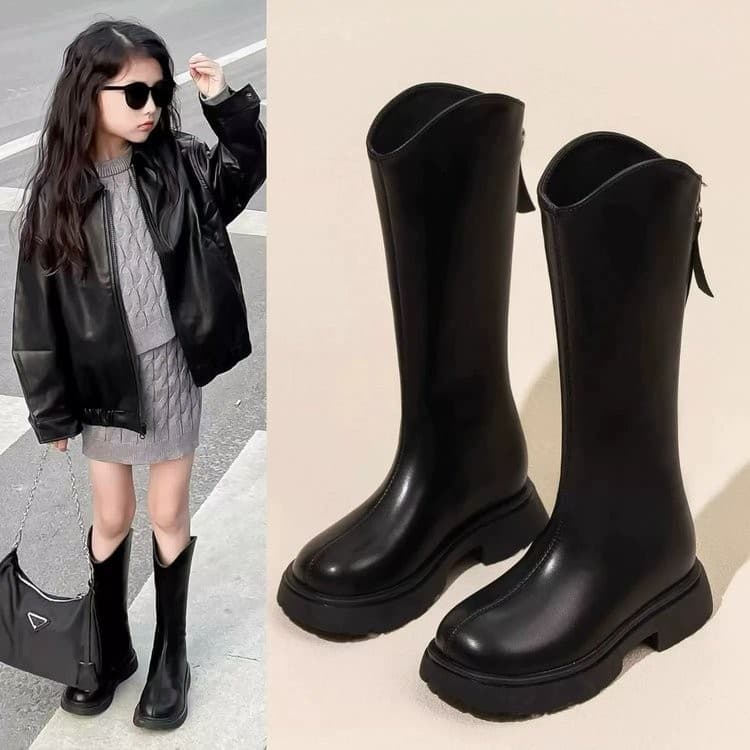 Girls' Boots 2025 New Autumn and Winter Long Boots Children's Long Boots Winter Girls' Martin Boots High-Top Fleece-Lined Leather Boots