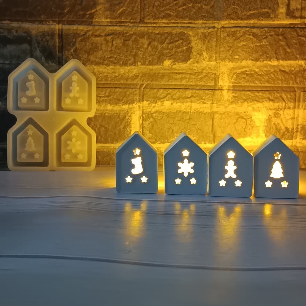 S1953 Christmas House Ornament Decorative Cement Plaster Mold DIY Silicone Mold