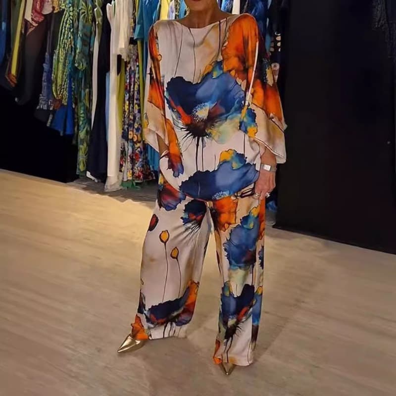2024 New Summer/Autumn Urban Elegant Satin One-Shoulder Loose Printed Batwing Sleeve Drawstring Pants Casual Set