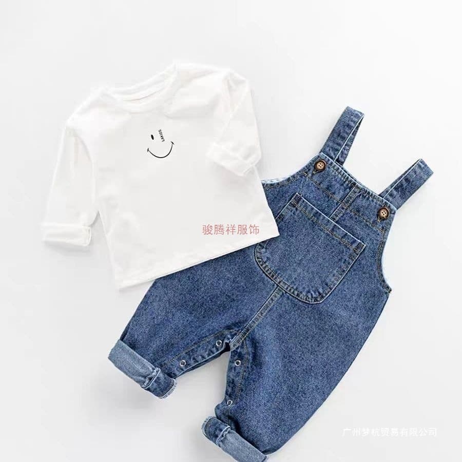 Baby style denim suspenders spring and autumn style one-year-old girl snap button cute trousers boy baby pants autumn wear