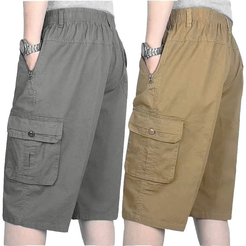 Summer Cotton 7/4 Length Shorts for Middle-Aged and Elderly Men, Dad Workwear Shorts, Loose Casual Beach Shorts