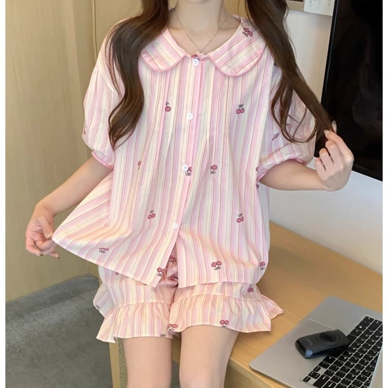 Pink cherry pajamas for women summer 2025 new sweet doll collar short-sleeved shorts home wear two-piece set