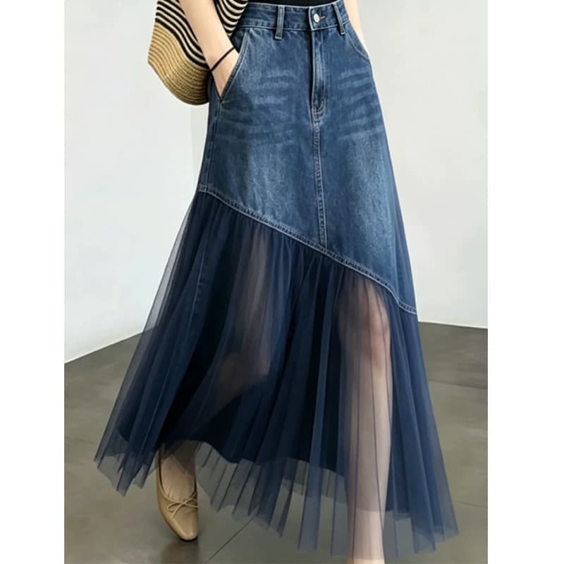 New Summer Blue Plus Size Denim Mesh Skirt for Women, High Waist Slimming Irregular A-Line Long Skirt
