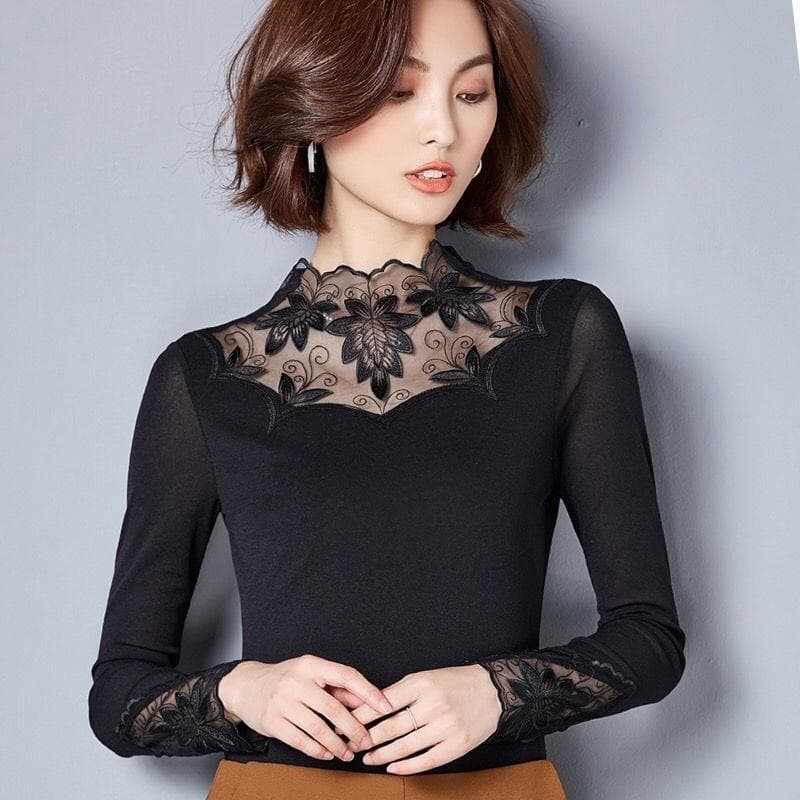 Thin Fleece-Lined Winter New Mesh Lace Base Layer Top Women's Long Sleeve Thermal Shirt Plus Size