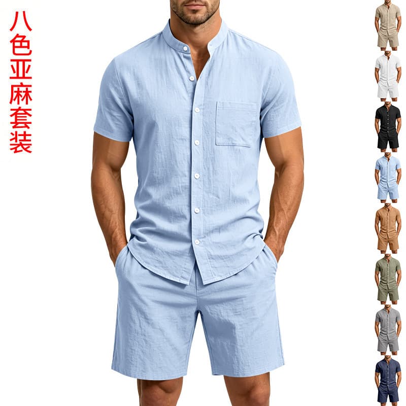 Cross-border Amazon Summer Men's Solid Linen Casual Loose Relaxed Vintage Stand Collar Short Sleeve Shirt and Shorts Set