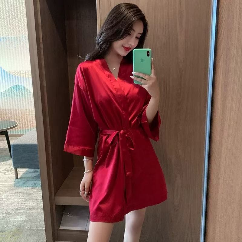 Women's Robe Bright Red Ice Silk Bride Morning Robe Wedding Bathrobe Summer Long Sleeve High-End Plus Size Homewear Autumn