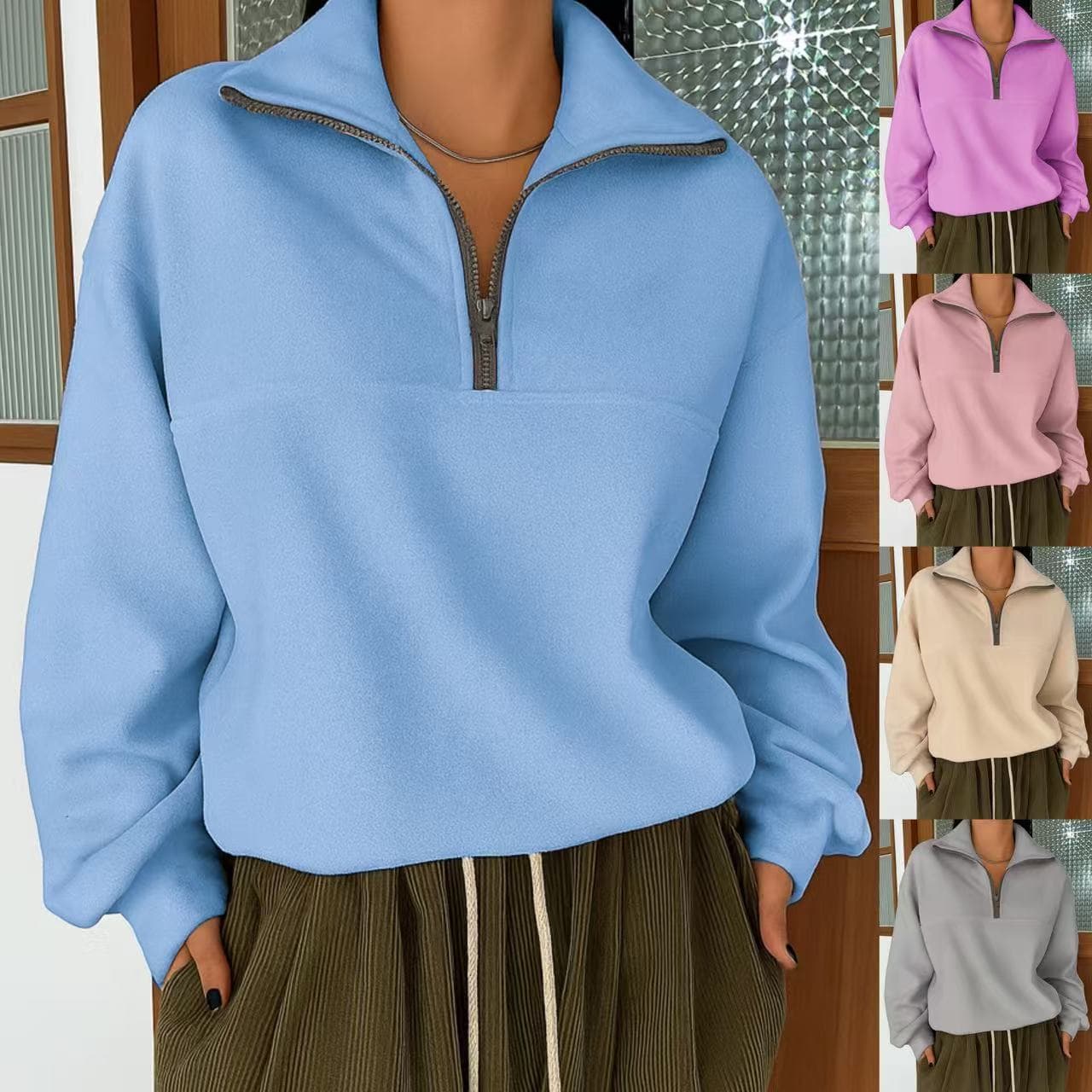 European and American cross-border autumn and winter new women's casual loose fashion solid color long-sleeved zipper pullover lapel sweatshirt