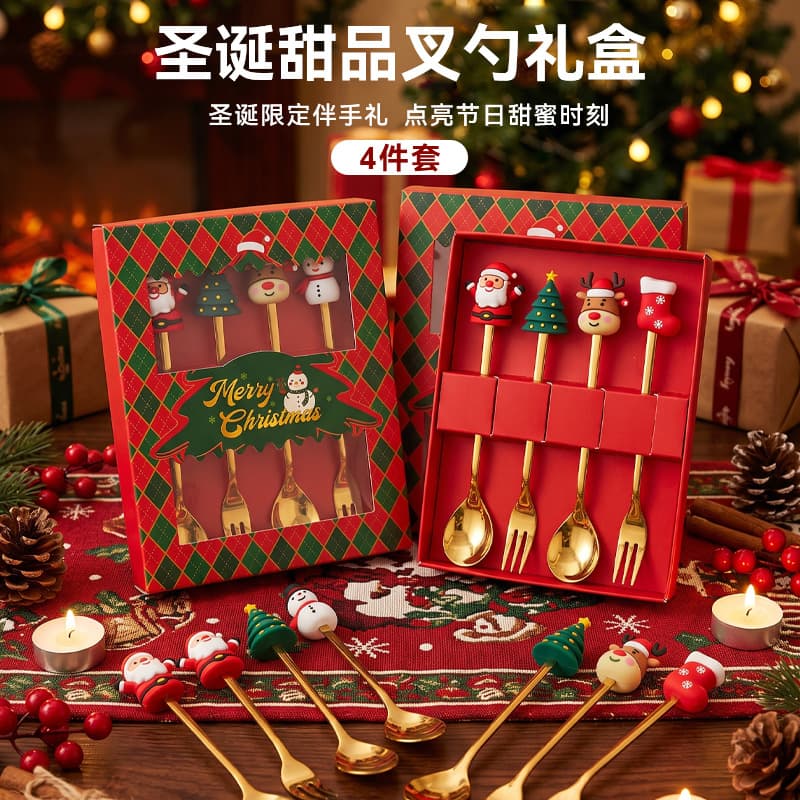 Christmas Dessert Fork and Spoon 6-Piece Gift Box Set Coffee Stirring Spoons Fruit Forks Set Holiday Gift Stainless Steel Flatware