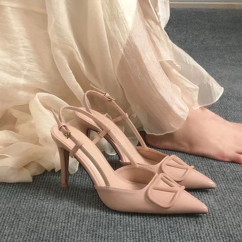 Women's High Heels 2023 New Style Elegant Stiletto Pointed Toe One-Strap Stunning Sandals Nude Women's Shoes V-Buckle