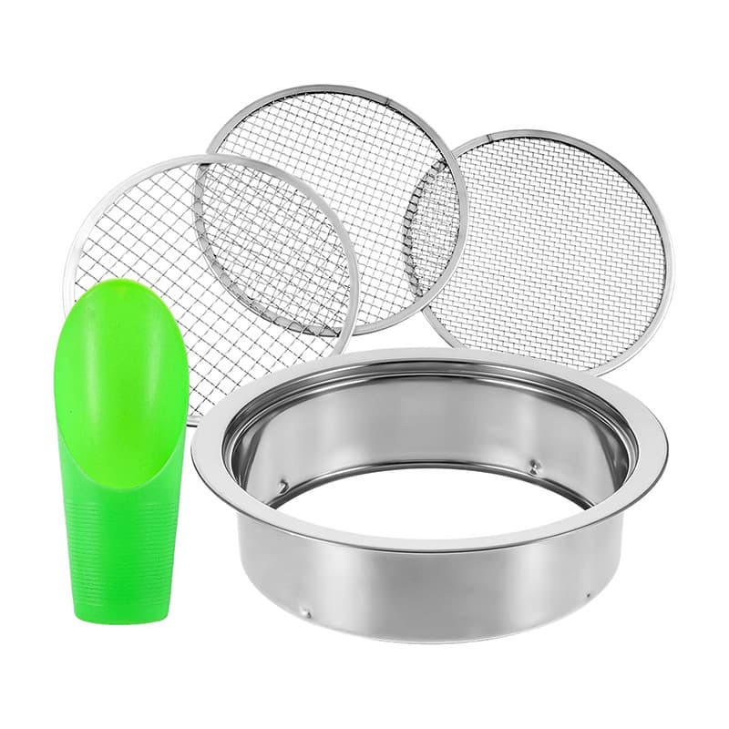 Gardening soil compost sieve set (3 or 5 sieves, interchangeable mesh) with shovel.