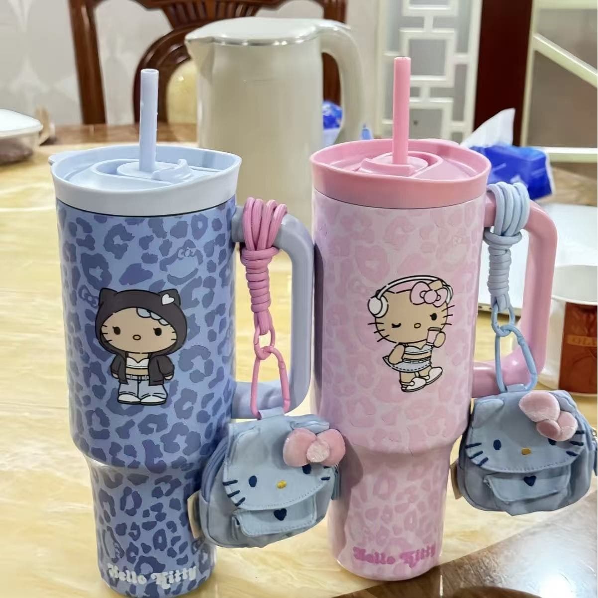THE BEAST Black Leopard Print Hello Kitty Giant Insulated Straw Stainless Steel Water Bottle Ouyang Nana Same Style