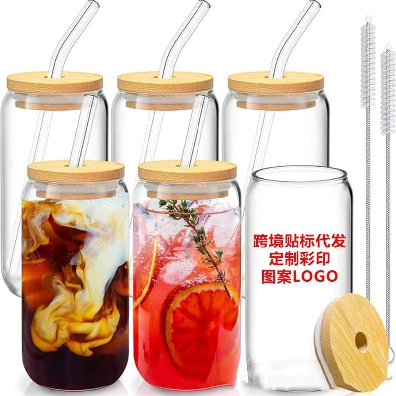 Cross-border Amazon high borosilicate glass cup, trendy bamboo wood lid cola cup, juice straw glass cup with custom color printing