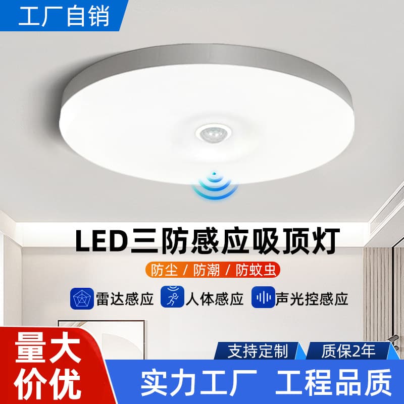 LED Waterproof, Dustproof, and Shockproof Radar Sensor Ceiling Light, Balcony/Corridor/Stairway Round Sound-Control Human Motion Sensor Panel Light