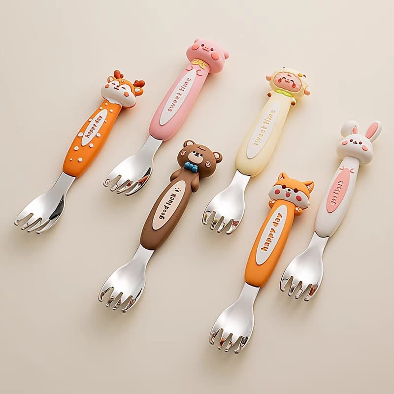 Food grade children's spoon 316 stainless steel food fork cute learning to eat short spoon fork children's tableware independently produced