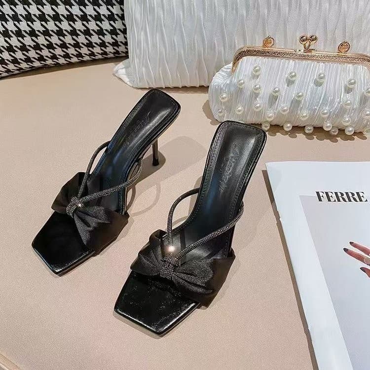 2026 New Spring Hot Selling Rhinestone Slide Sandals for Women, High Heels, Square Toe, Thin Heel, Open Toe, One-Strap Sandals