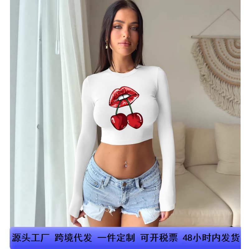 2026 Cross-Border New Trendy Cherry Print Long-Sleeve Fitted T-Shirt Street Style Cropped Top Women's Clothing