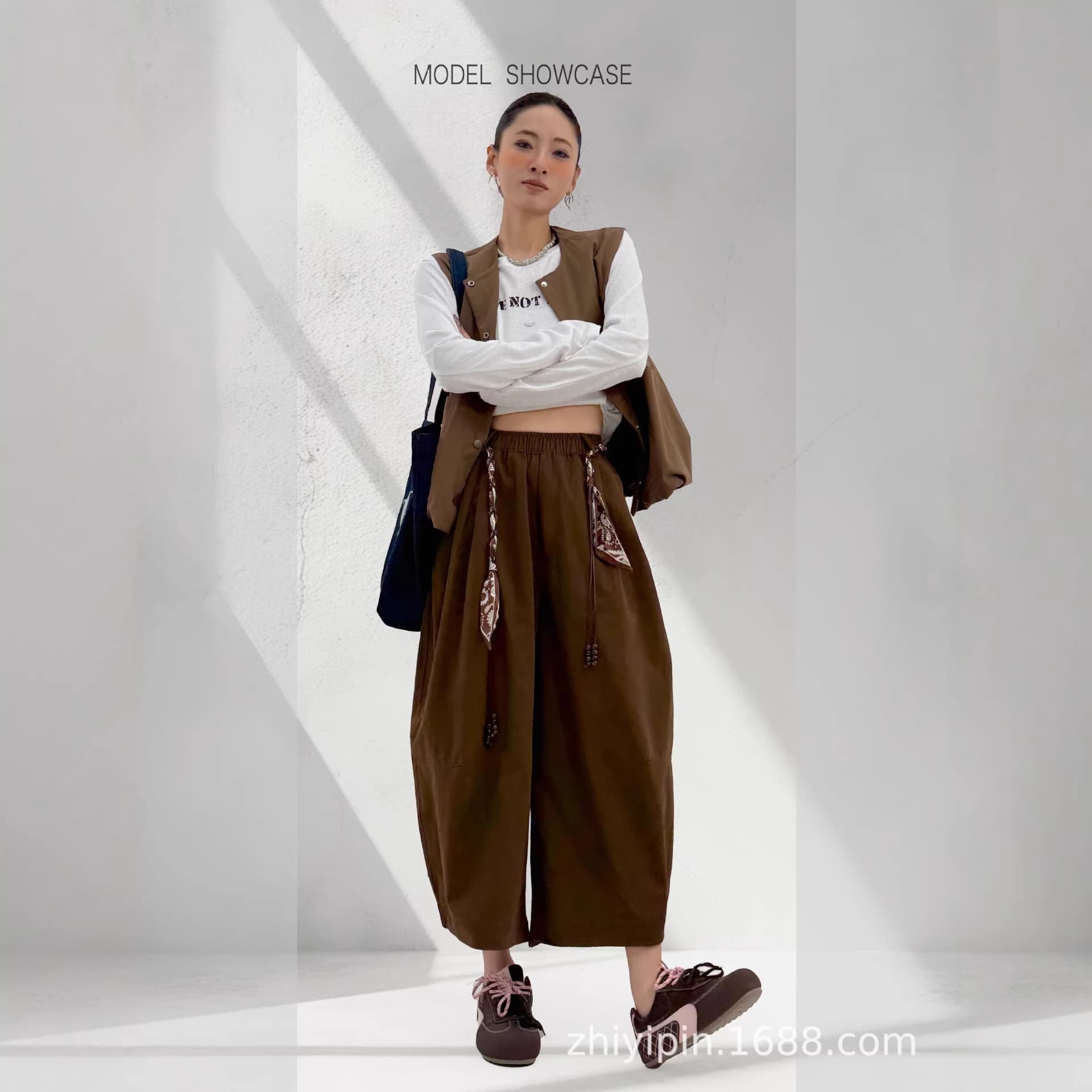 2026 Spring Style 100% Cotton 8 Points Casual Pants Women's Silk Scarf Woven Belt Design Wide Legs Elastic Waist Loose Versatile