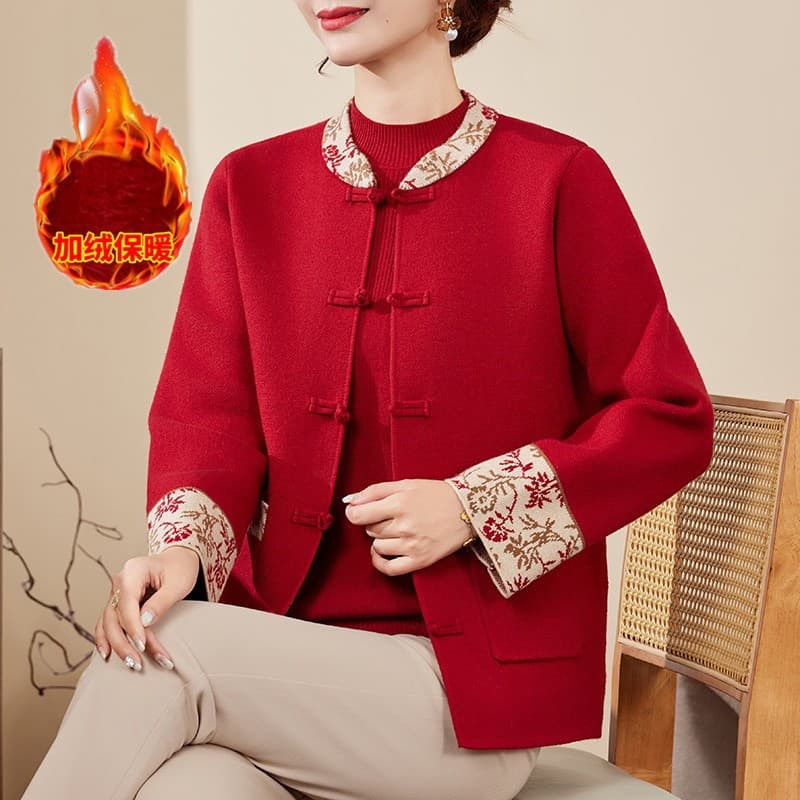 Mom's Autumn New Chinese Style Knit Cardigan Two-Piece Set, Traditional Chinese Style Sweater for Middle-Aged and Elderly Women, Stylish Red Coat