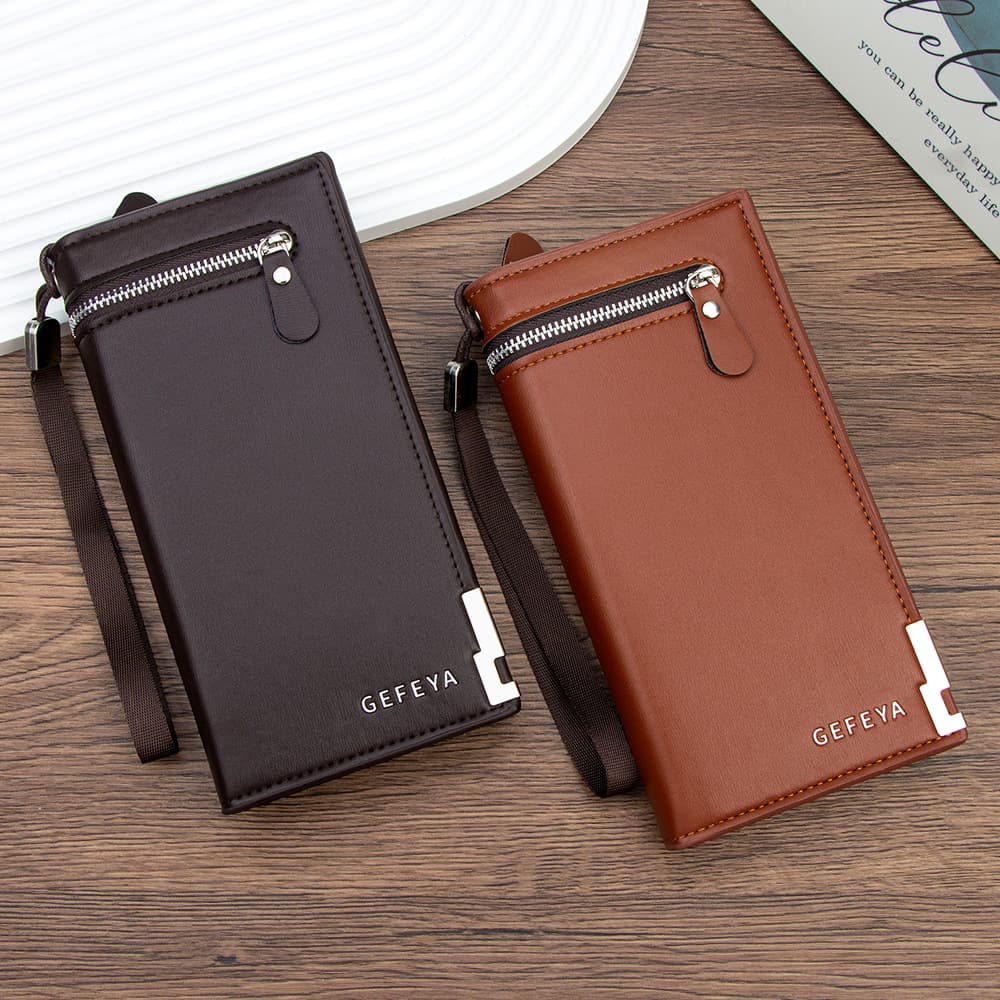 Business Men's Long Wallet with Outer Zipper Clutch, Refillable Multi-Card Slot ID and Phone Pocket Money Clip