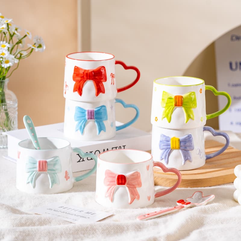 Cross-border wholesale creative bow coffee cup high-quality ceramic drinking cup cute girly heart mug