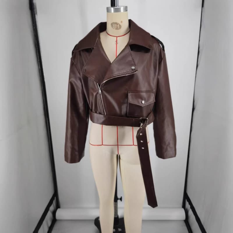 Women's Fashionable New Arrival Premium Design Turn-Down Collar Short Tie-Belt Trendy Brown Leather Jacket