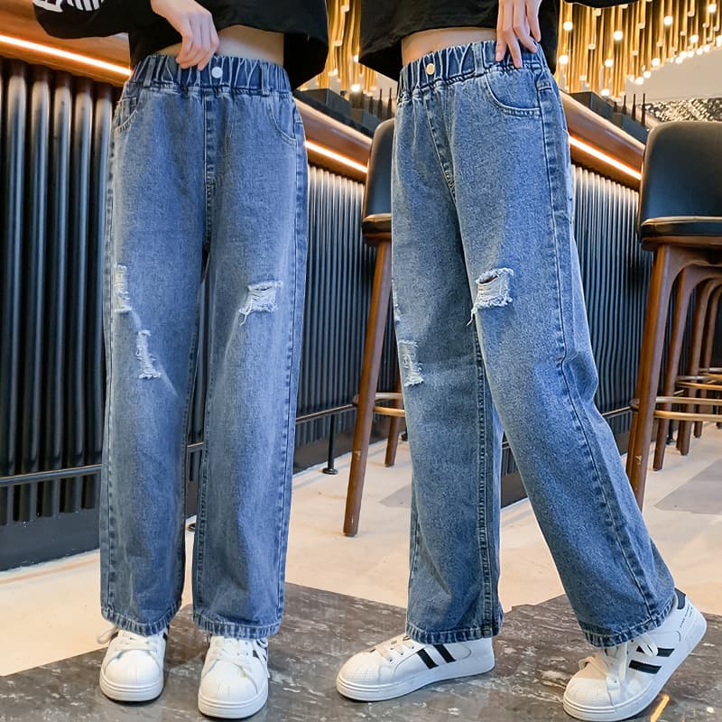 Girls' Jeans 2021 Autumn Style, Big Girl Ripped Wide-Leg Pants, Hong Kong Style High-Waist Straight-Leg Floor-Length Pants, Trendy Kids' Pants