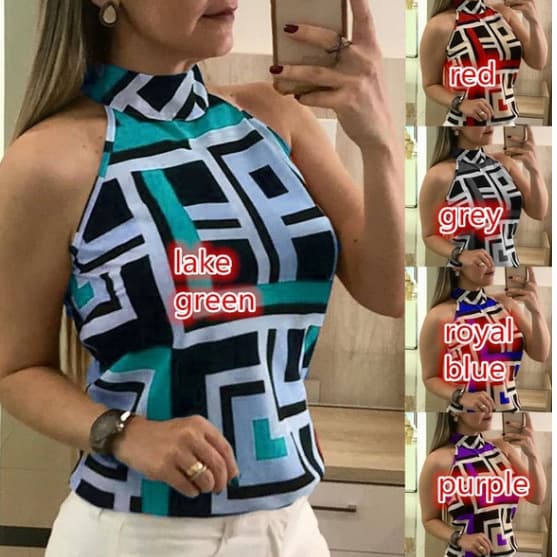 2024 Ebay Aliexpress Wish Hot Style Summer Sexy Sleeveless Halterneck Splicing Printed T-Shirt Top