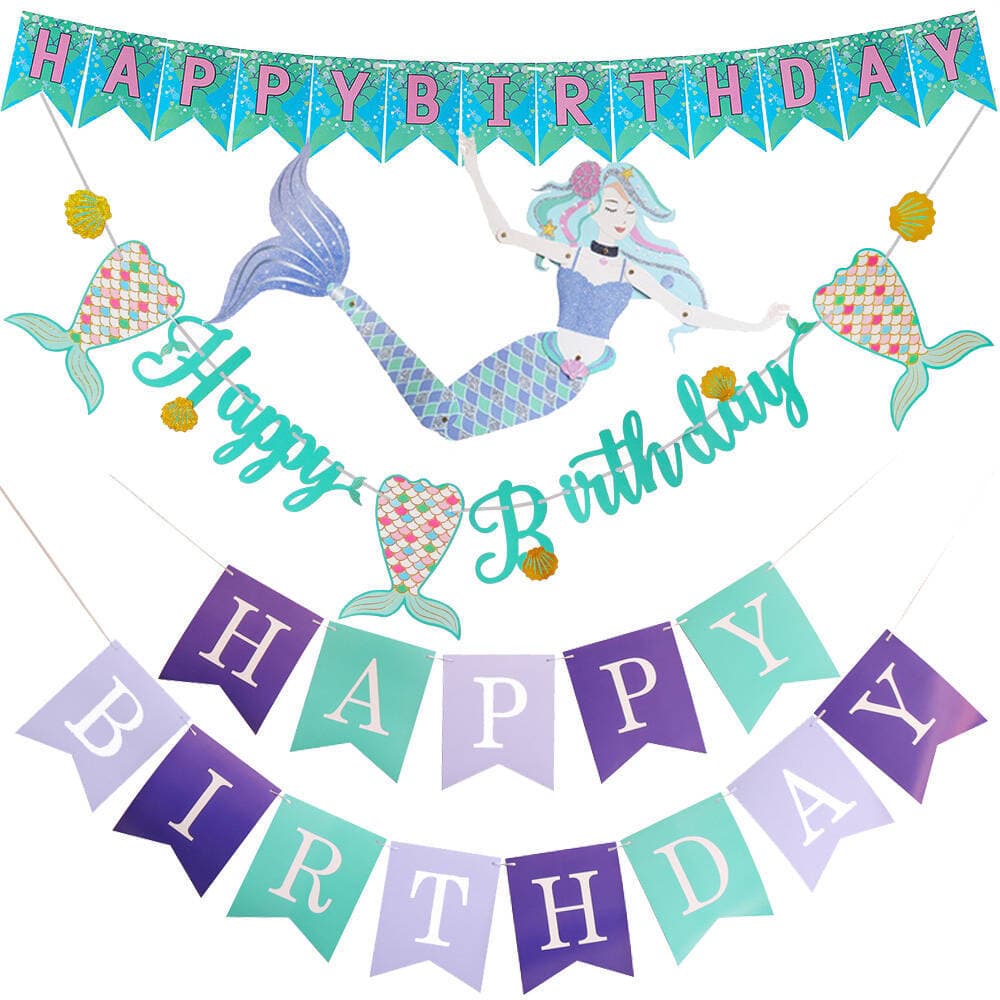 Happy Birthday Banner Glitter Mermaid Party Decoration for Birthday Celebration