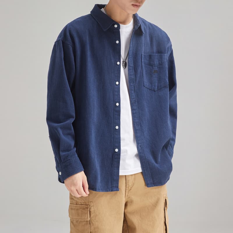 Spring autumn style Japanese trendy brand brushed shirt men's loose version embroidered pocket premium design long sleeve top