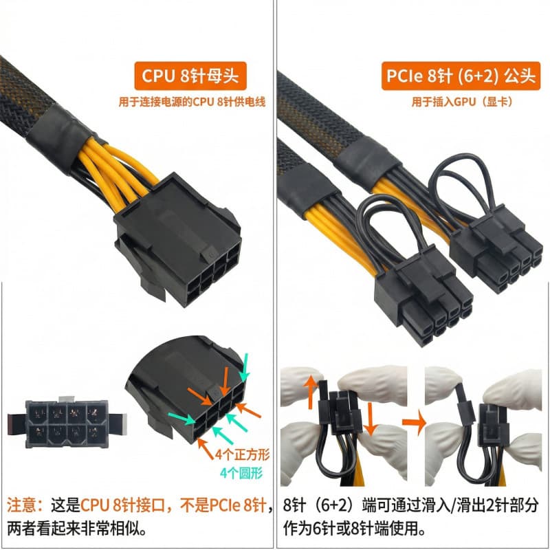 CPU-8PIN Female to Dual 8PIN Graphics Card Power Cable, Dual 6+2PIN, Black and Yellow Wires, 18AWG Pure Copper Braided Sleeve