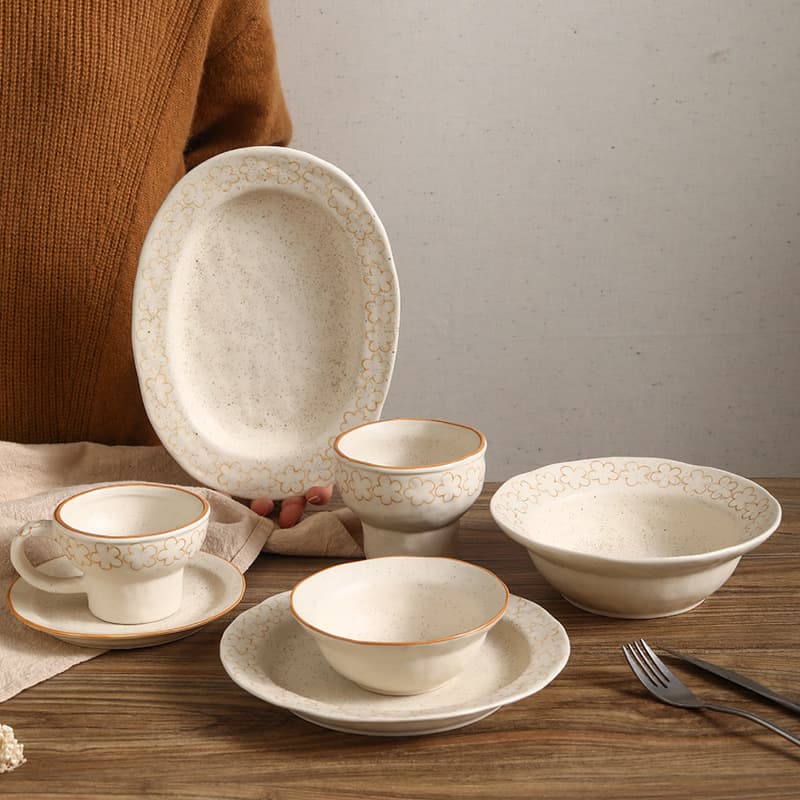 Japanese retro independent niche design hand-made stoneware matte hand-painted flower ceramic one-person eating tableware underglaze color