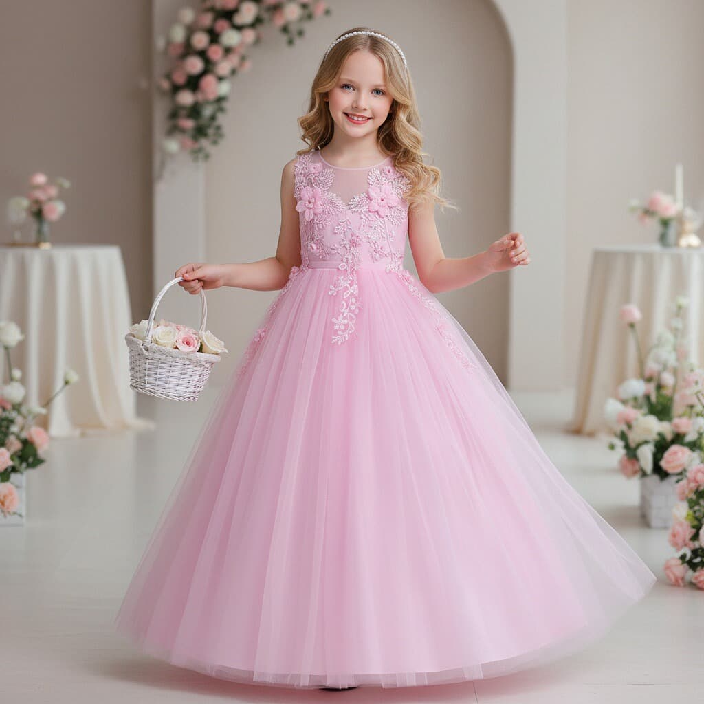 Long Formal Princess Dress with Floral Lace Trim, Children's Tulle Tutu Performance Costume