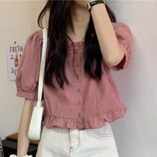 Summer New 2025 Ruffled Short Sleeve Blouse Women's High Waist Sweet and Cool Bubble Sleeve Fresh