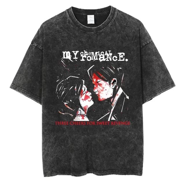 Hip Hop Short Sleeve Men's Washed Cotton Black T-Shirt Punk T-Shirt Chemical Rock Music T-Shirt Parade Women